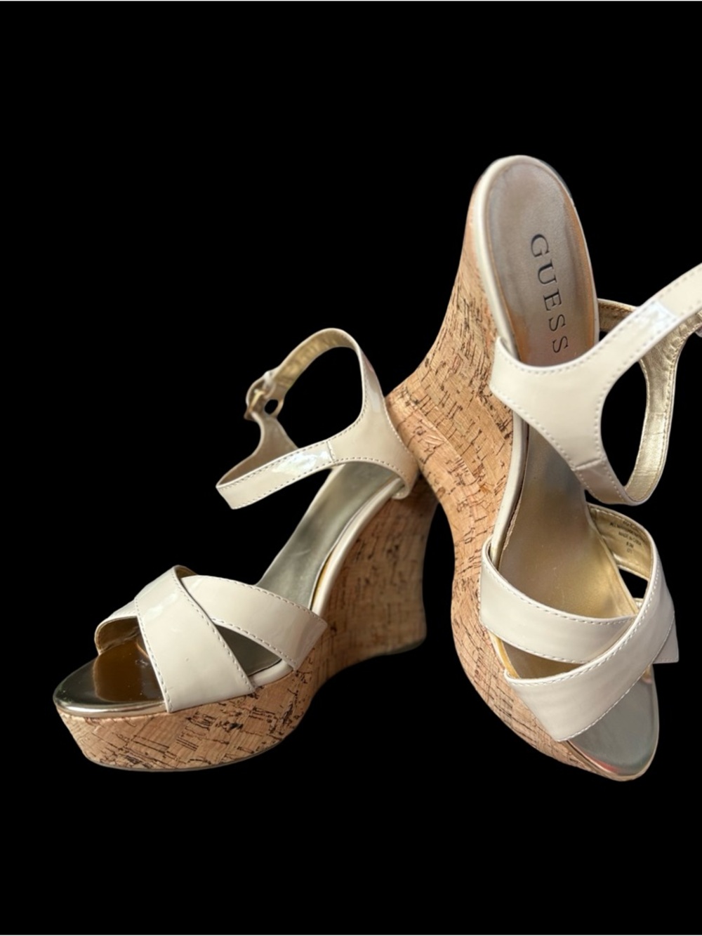 GUESS Nude Patent Platform Cork Wedge Sandals Size 8.5